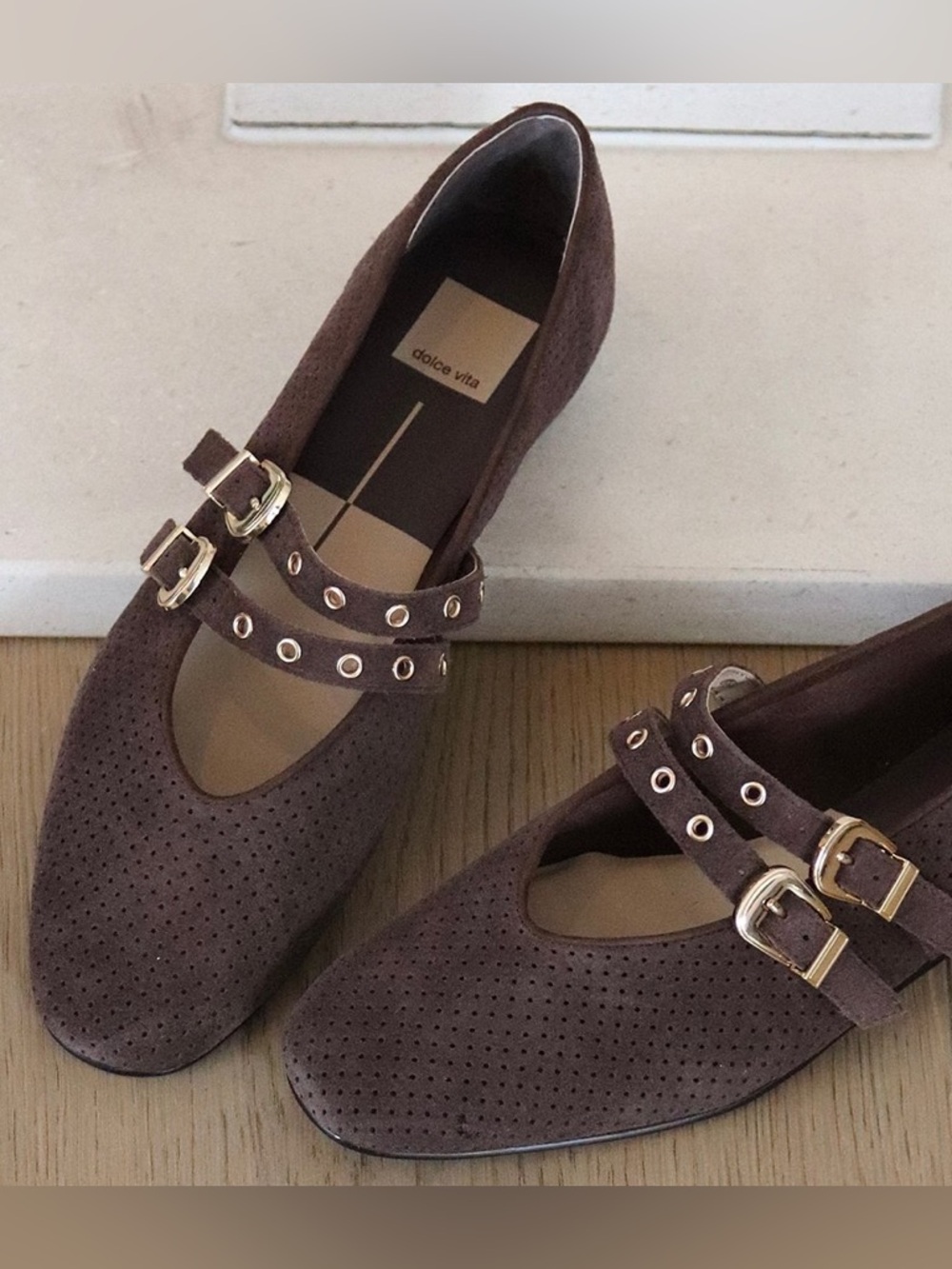 Dolce Vita Baylee Mary Jane Flats Suede Double Buckle Brown Size 7.5 Ballet Flat